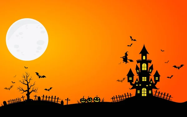 Casa Embrujada Luna Llena Con Fantasma Fondo Noche Horror Ilustración — Vector de stock