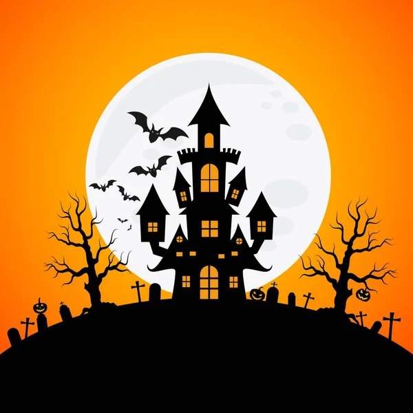 Casa Assombrada Lua Cheia Com Fantasma Horror Noite Background Vector —  Vetores de Stock