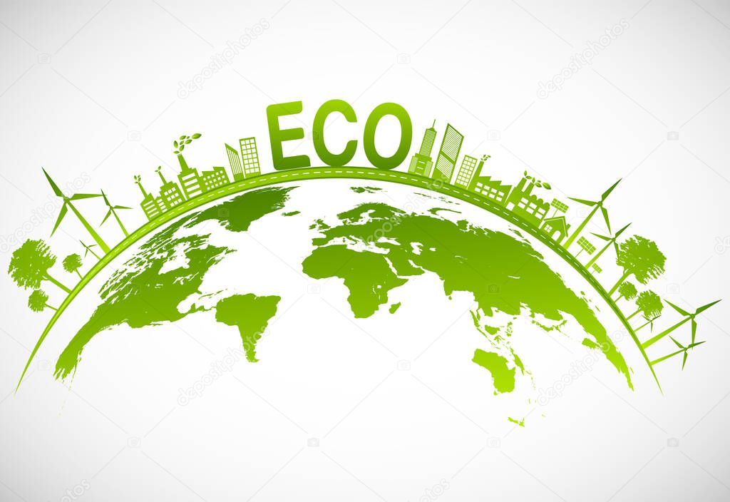 Ecology concept with green city on earth. sustainable development World environment concept, vector illustration