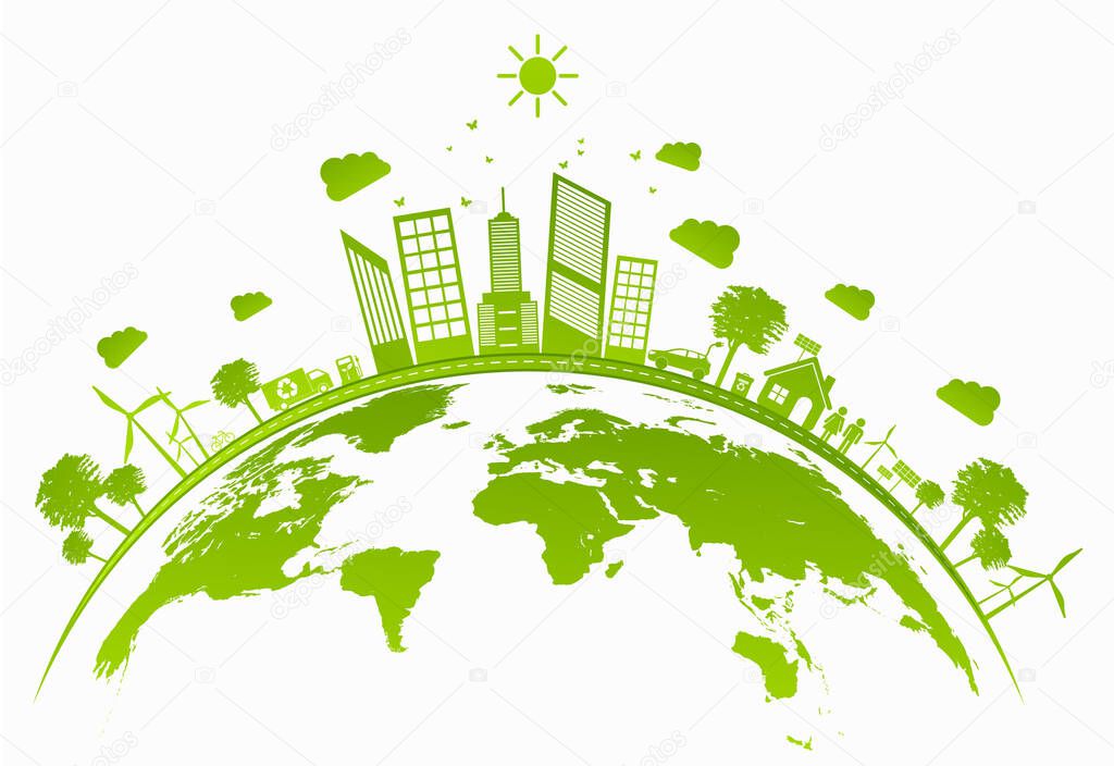 Ecology concept with green city on earth. sustainable development World environment concept, vector illustration