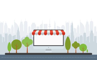 Şehir arka planına sahip ön pencere binaları simgelerini sakla