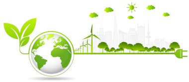 Sürdürülebilir enerji gelişimi için ekoloji kavramı ve Çevresel, Banner tasarım unsurları, Vektör illüstrasyonu