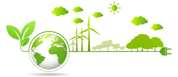 生態系の概念と環境 持続可能なエネルギー開発のためのバナーデザイン要素 ベクトルイラスト — ストックベクタ