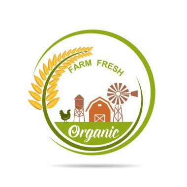 Taze vektör amblemi ve çıkartma çiftliği. Tarım ve tarım, organik gıda, ürün ambalajı için yerel tasarım unsurları