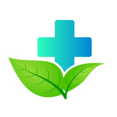 Sağlık hizmetleri yeşil tıbbi haç ve yaprak, logo izole