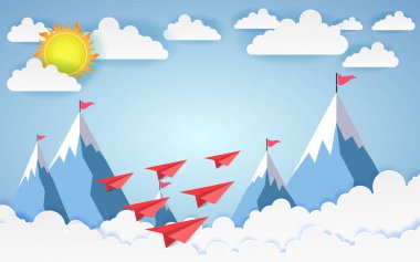 Kağıt sanatı konsepti bulut ve dağ, gökyüzünde uçan uçak. Tasarım Vektörü.