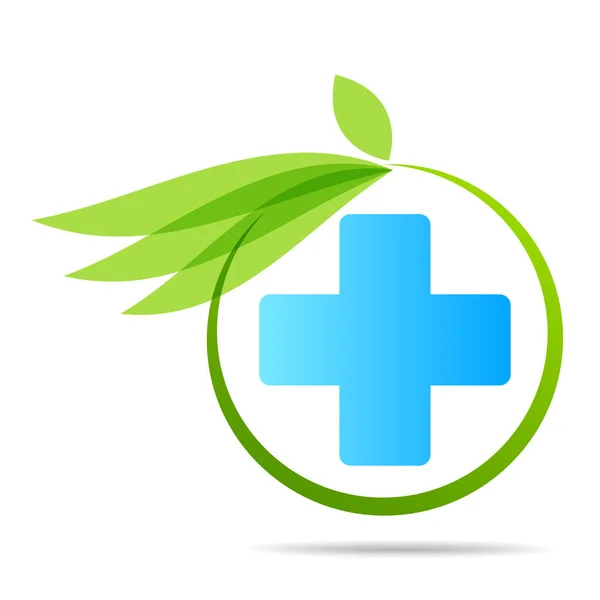 Sanità Verde Croce Medica Foglia Logo Isolato — Vettoriale Stock