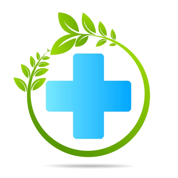 Saúde Verde Cruz Médica Folha Logotipo Isolado — Vetor de Stock