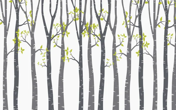 Birch Tree Deer Birds Silhouette Background — Stock Vector