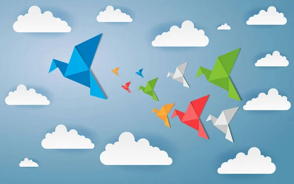 Origami Fez Pássaro Colorido Com Nuvens Origami Arte Papel Estilo — Vetor de Stock