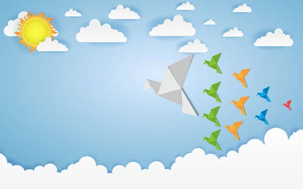 Origami Hizo Colorido Pájaro Con Nubes Origami Arte Papel Estilo — Archivo Imágenes Vectoriales