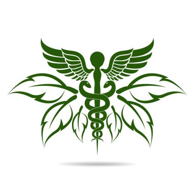 Asklepios vektör soyut illüstrasyon yılan kullanılarak oluşturulan ve yeşil yaprakları, Caduceus sembolü. Güçlü kalp sağlıklı yaşam tarzı