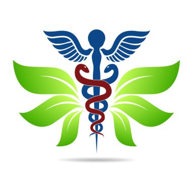 Asklepios vektör soyut illüstrasyon yılan kullanılarak oluşturulan ve yeşil yaprakları, Caduceus sembolü. Güçlü kalp sağlıklı yaşam tarzı