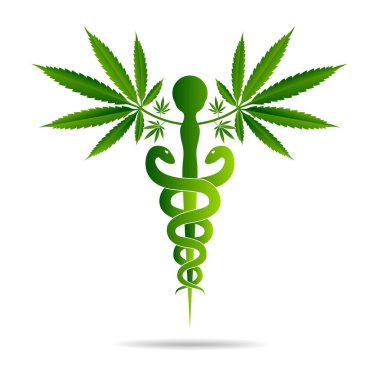 Asklepios vektör soyut illüstrasyon yılan kullanılarak oluşturulan ve yeşil yaprakları, Caduceus sembolü. Güçlü kalp sağlıklı yaşam tarzı