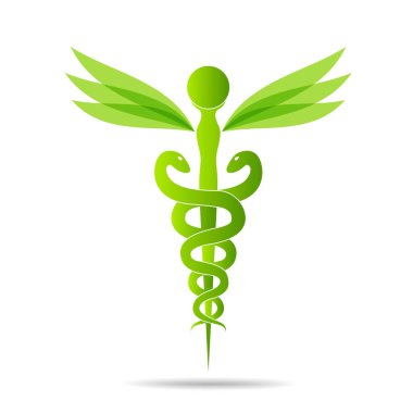 Tıbbi sembol, yılanlar ve yeşil yapraklar kullanılarak oluşturulmuş, Caduceus sembolü. Sağlıklı yaşam tarzı güçlü kalp, vektör soyut çizim
