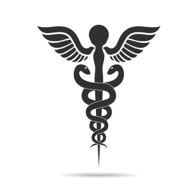 Tıbbi sembol, yılanlar ve yeşil yapraklar kullanılarak oluşturulmuş, Caduceus sembolü. Sağlıklı yaşam tarzı güçlü kalp, vektör soyut çizim