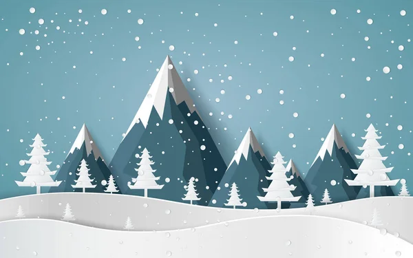 Frohe Weihnachten Schneewald Kiefern Winter Und Berg Paper Vector Illustration — Stockvektor