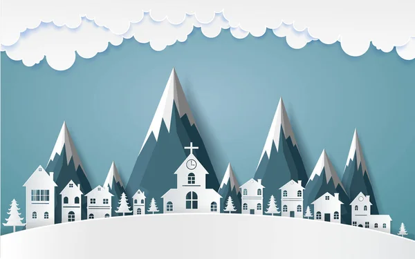 Inverno Com Casas Arte Papel Nevado Belo Cenário Vetor Design — Vetor de Stock