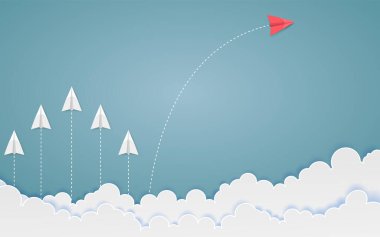 Minimalist stil kırmızı uçak yön değiştiriyor ve beyaz olanlar. Yeni fikir, yenilik ve eşsiz yol kavramı