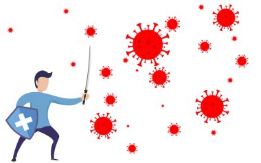 COVID-19 ile savaşmak için Favilavir antiviral ilaç, soyut virüs modeli Novel coronavirus 2019-nCoV kırmızı STOP işareti ile çizilmiş