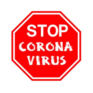 COVID-19 ile savaşmak için Favilavir antiviral ilaç, soyut virüs modeli Novel coronavirus 2019-nCoV kırmızı STOP işareti ile çizilmiş