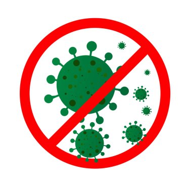 COVID-19 ile savaşmak için Favilavir antiviral ilaç, soyut virüs modeli Novel coronavirus 2019-nCoV kırmızı STOP işareti ile çizilmiş