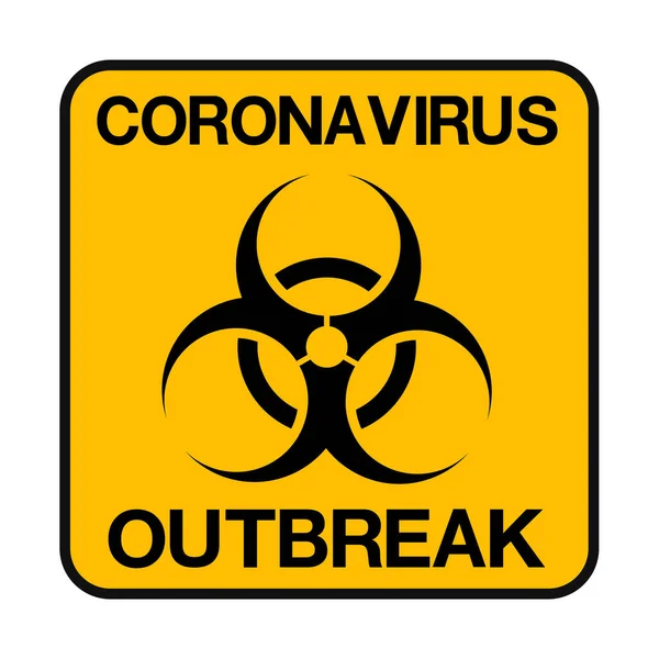 注意警报Covid 黄色背景上有黑色生物危害标志的爆发 病毒大流行病保护概念 — 图库矢量图片