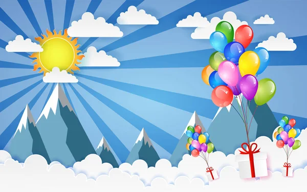 Fliegende Vektor Festballons Glänzen Mit Hochglanzballons Für Urlaubslandschaft Himmel — Stockvektor