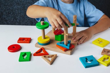 Çocuk Montessori oyunu oynuyor. Çocuk tahta oyuncak ayırıcı topluyor. Çok renkli geometrik şekiller, daire, kare, üçgen, dikdörtgen.