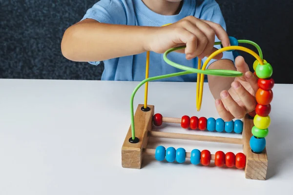 Kind Speelt Montessori Spel Kid Verzamelt Houten Speelgoed Sorteerder Meerkleurige — Stockfoto