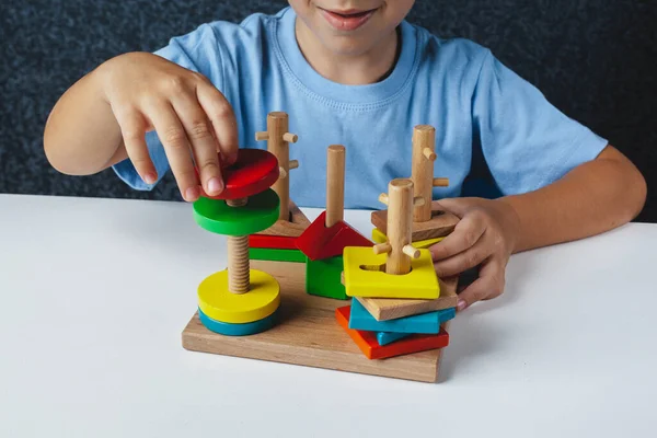 Criança Joga Montessori Jogo Kid Coleta Classificador Brinquedos Madeira Formas — Fotografia de Stock