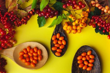 Kaşık üzerinde Q10 vitamini hapları. Dutlu sarı arka plan. Mevsimlik beriberi