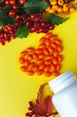 Vitamin ve böğürtlenli sonbahar kompozisyonu. Koenzim Q 10 hapları kalp şeklinde dizilmiştir. Pankart için resimler, poster.