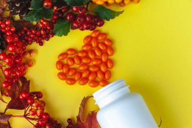 Vitamin ve böğürtlenli sonbahar kompozisyonu. Koenzim Q 10 hapları kalp şeklinde dizilmiştir. Pankart için resimler, poster.