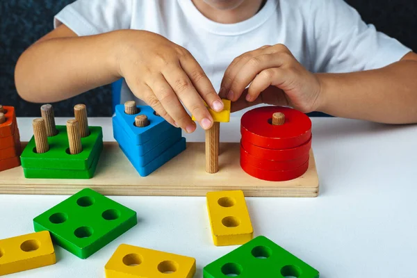 Garotinho De 2 Anos é Tocado Com Uma Pirâmide De Madeira. Brinquedos  Lógicos Educativos Para Crianças. Jogos Montessori Para Crian Foto de Stock  - Imagem de eduque, jogo: 201508416