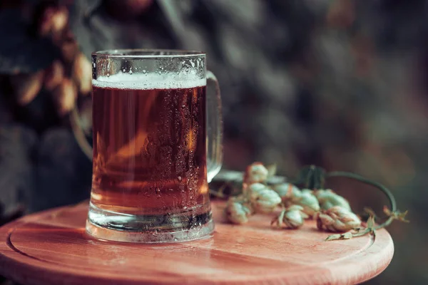 Bierglas Steht Auf Einem Holztisch Vor Hopfenhintergrund — Stockfoto