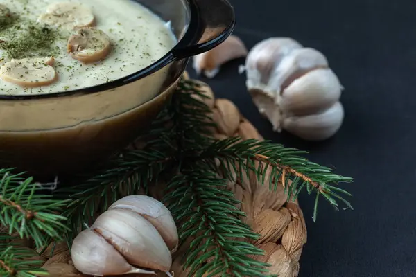 Mushroom Cream Vegetarian Soup on a dark background. Close up — Stock Image Mushroom Cream Vegetarian Soup Dark Background Close Royalty Free Stock Images