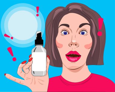 Kız elinde bir yüz serumu tutuyor. Vektör stok görüntüsü. Metnin altına yerleştir. Cyla cilt bakımı kozmetikleri