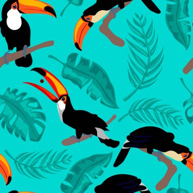 Yağmur ormanlarında kusursuz bir tukan deseni. Tasarım tişörtleri için egzotik tropik baskılar, çocuk odasında duvar kağıtları. Turkuaz, siyah ve turuncu renkli vektör stoku çizimi.