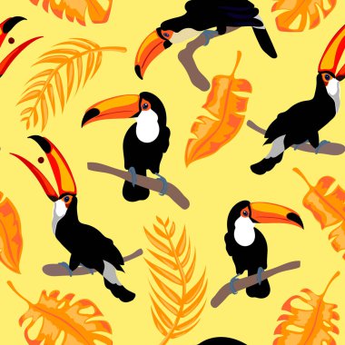 Yağmur ormanlarında kusursuz bir tukan deseni. Tasarım tişörtleri için egzotik tropik baskılar, çocuk odasında duvar kağıtları. Sarı, siyah ve turuncu renkli vektör stok çizimi. Stok vektör illüstrasyonu