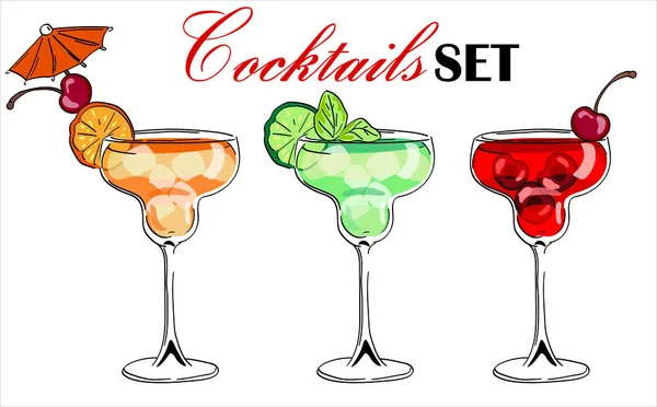 Cocktailset Vorhanden Betrunkene Kirschen Margaritas Exotische Cocktails — Stockvektor
