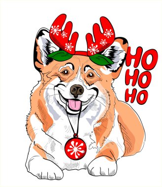 Geyik boynuzları ve Noel ağacı oyuncakları içindeki komik Corgi köpeği. Ho ho ho - harf alıntısı. Kart, tişört kompozisyonu, el çizimi stili baskı. Vektör illüstrasyonu.