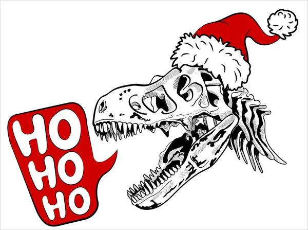 Noel Baba şapkalı Tyrannosaurus dinozor kafatası beyaz arka planda izole edilir. Ho ho ho - harf alıntısı. Espri kartı, tişört kompozisyonu, el çizimi stil baskısı. Vektör illüstrasyonu.