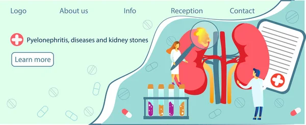 Pyelonefrit, hastalıklar ve böbrek taşları, sistit, urolithiasis, nephroptosis, böbrek yetmezliği, hidronefroz. Küçük doktorlar böbrekleri tedavi eder. Web sitesi ve uygulamalar için mavi arkaplan illüstrasyonu.