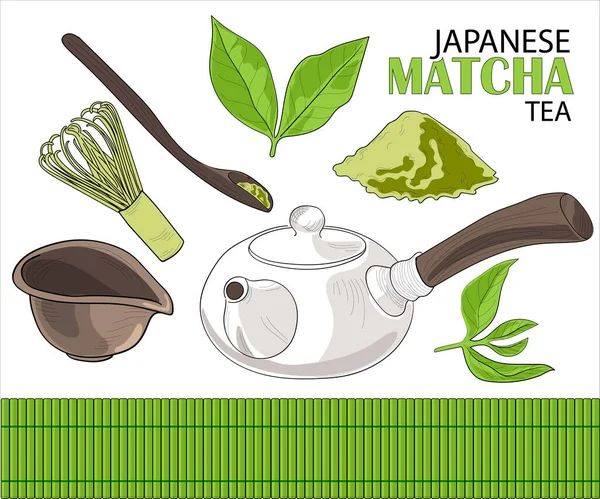 Set Matcha Japonesa Polvo Cuchara Batidor Madera Verde Última Taza — Archivo Imágenes Vectoriales