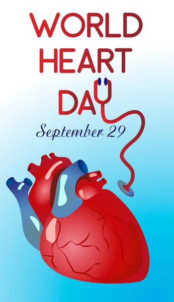 World Heart Day Banner White Human Heart Sign Stethoscope Sign — стоковий вектор