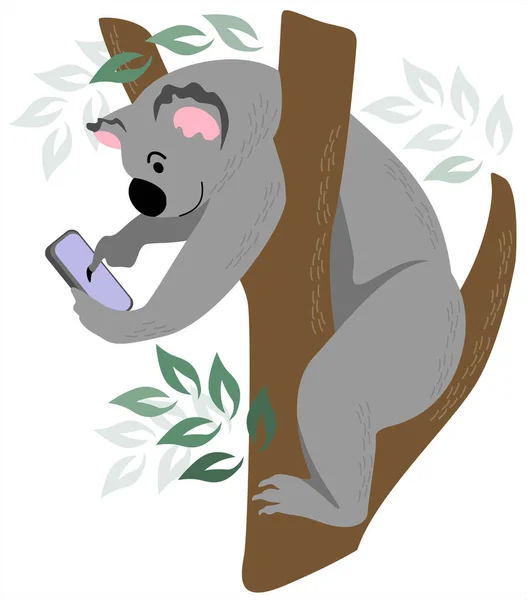 Mignon Koala Écrit Des Messages Téléphone Affiche Bannière Web Carte — Image vectorielle