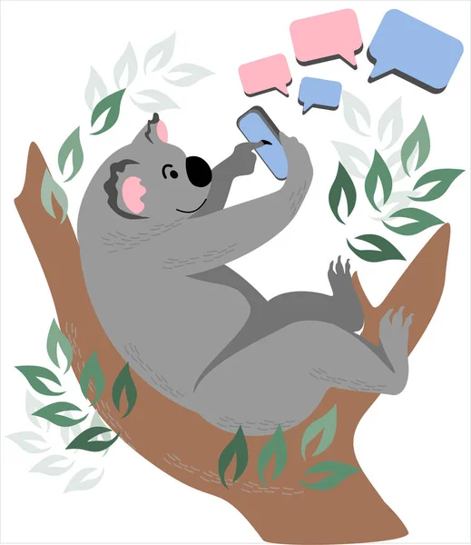 Mignon Koala Écrit Des Messages Téléphone Affiche Bannière Web Carte — Image vectorielle