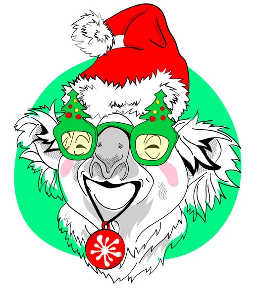 크리스마스 트리와 산타클로스 모양의 안경을 코알라가 재미있다 티셔츠 손으로 스타일 — 스톡 벡터