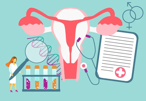 Küçük doktorlar rahmi endometriyozis tedavisi için büyüteçle inceliyorlar. Endometriyozis, endometriyum işlevsizlik, endometriyozis tedavisi kavramı. Web sitesi ve mobil web sitesi için mavi arkaplan vektörü